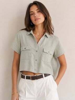 Nicole Miller 100% Linen Boxy Cropped Button Down Shirt Sage Green M Coastal